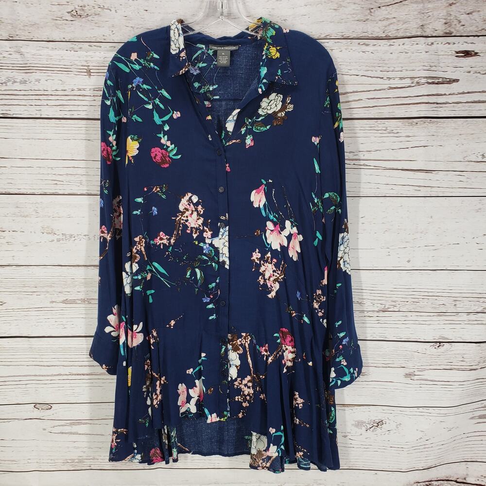 Chelsea & Theodore Navy Blue Floral Long Sleeve Top Size XL